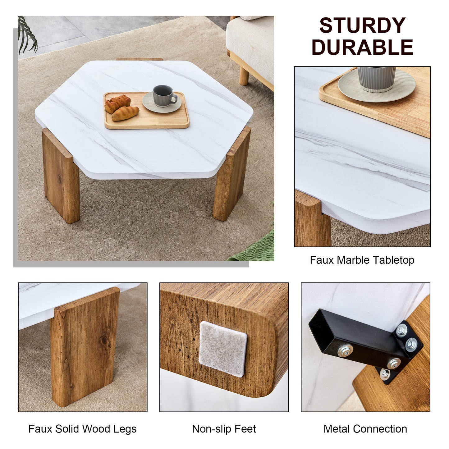 Stylish MDF Coffee Table - White Tabletop with Wooden Legs, Ideal for Living Spaces and Guest Rooms