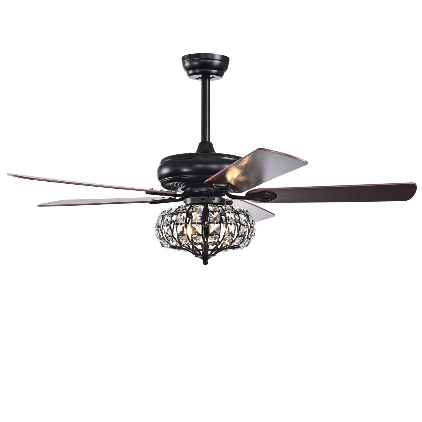 Elegant 52" Ceiling Fan Lamp - Crystal Shade, Remote Control, 3 Speeds, and 5 Reversible Blades - Matte Black