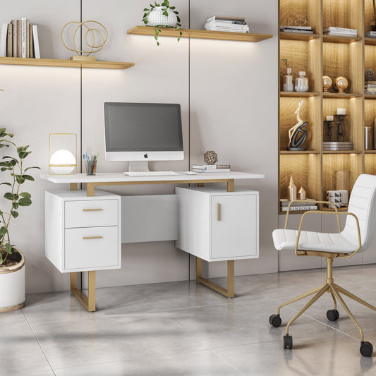 Techni Mobili White and Gold Desk for Office with Drawers & Storage, 51.25 in. W