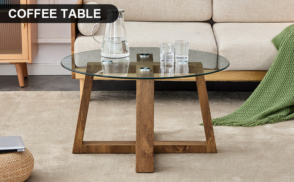 Modern practical circular coffee and tea tables. Made of transparent tempered glass tabletop and wood colored MDF material. Suitable for living rooms and bedrooms.31.5"*31.5"*17.7"