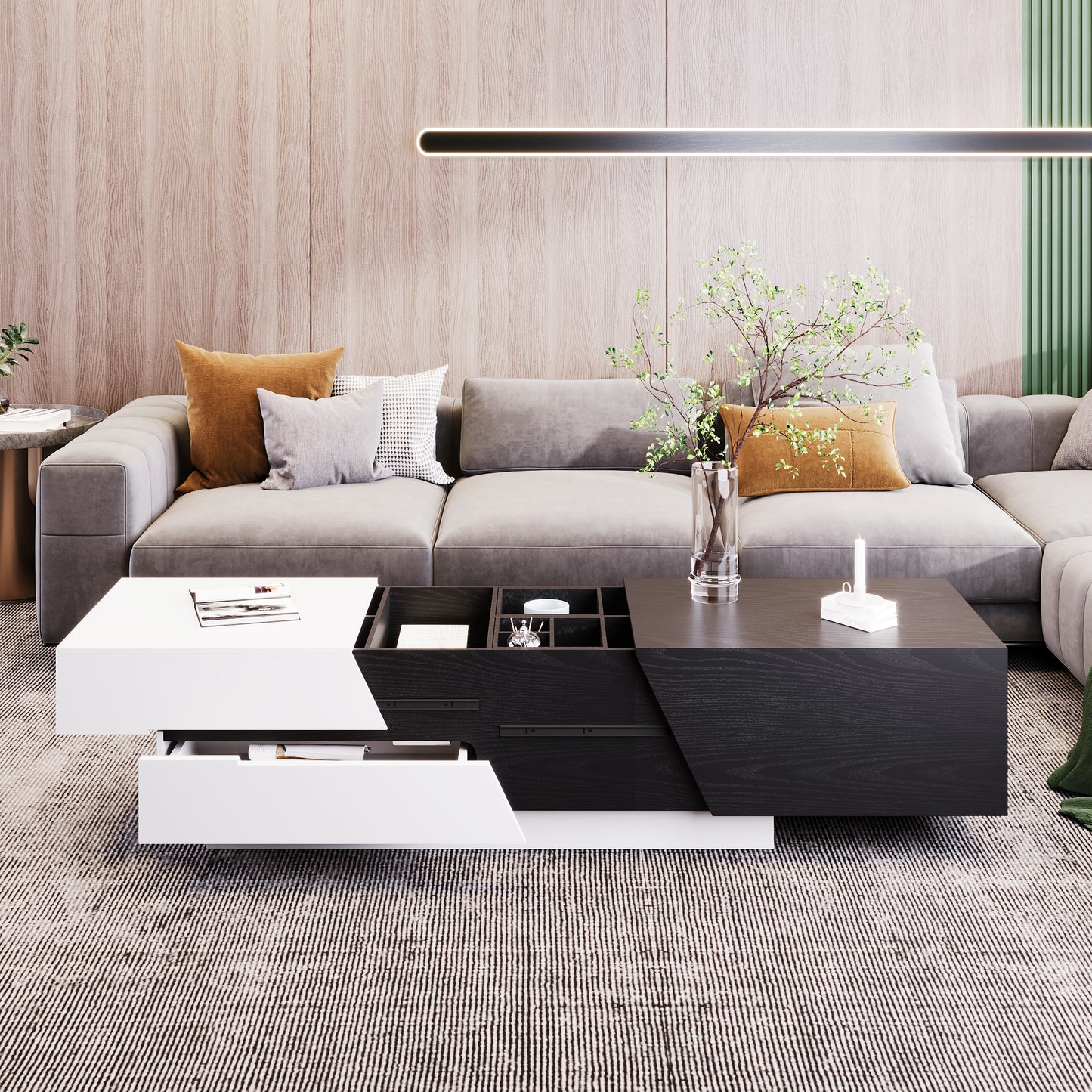 Modern Extendable Sliding Top Coffee Table with Storage in White&Black