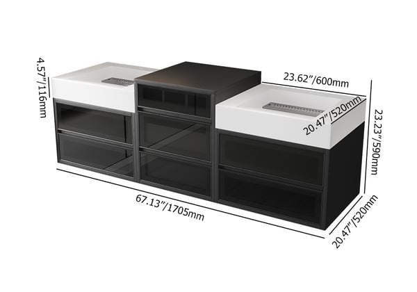 Meuble-lavabo double flottant de 67 po et tour centrale noire avec dessus en faux marbre