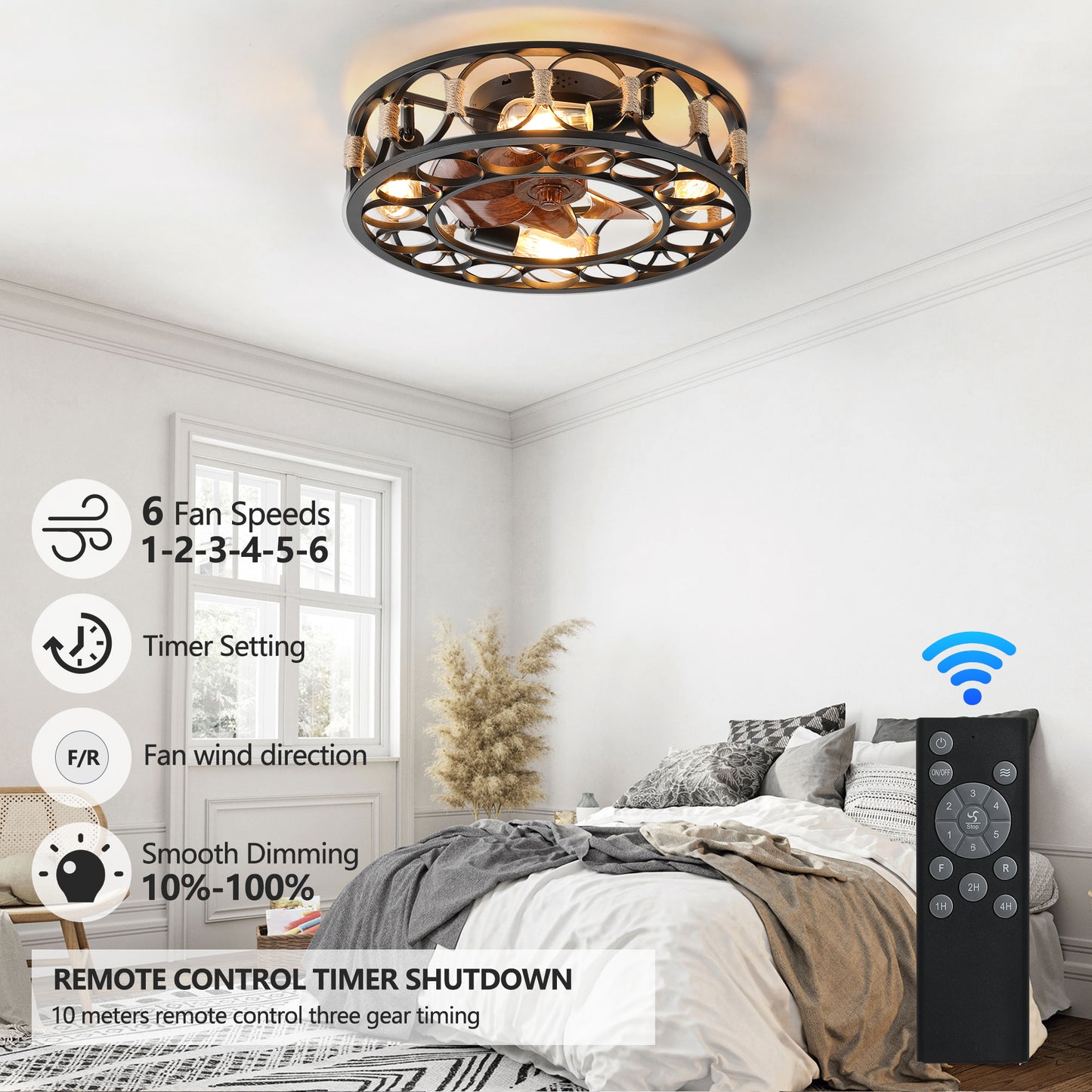 Flush Mount Caged Ceiling Fan with Lights - 6-Speed Reversible Blades & Remote Control, 5 LED Bulbs Included