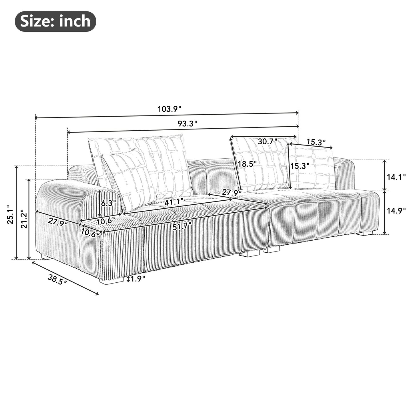 103.9" Modern Couch Corduroy Fabric Comfy Sofa with Rubber Wood Legs, 4 Pillows for Living Room, Bedroom, Office, Green