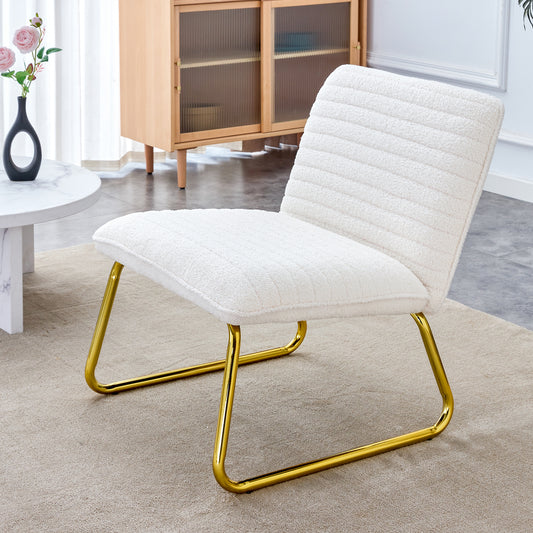 White Minimalist Armless Sofa Chair with Plush Cushion and Backrest - Elegant Design with Golden Metal Legs, Ideal for Offices, Restaurants, Kitchens, and Bedrooms