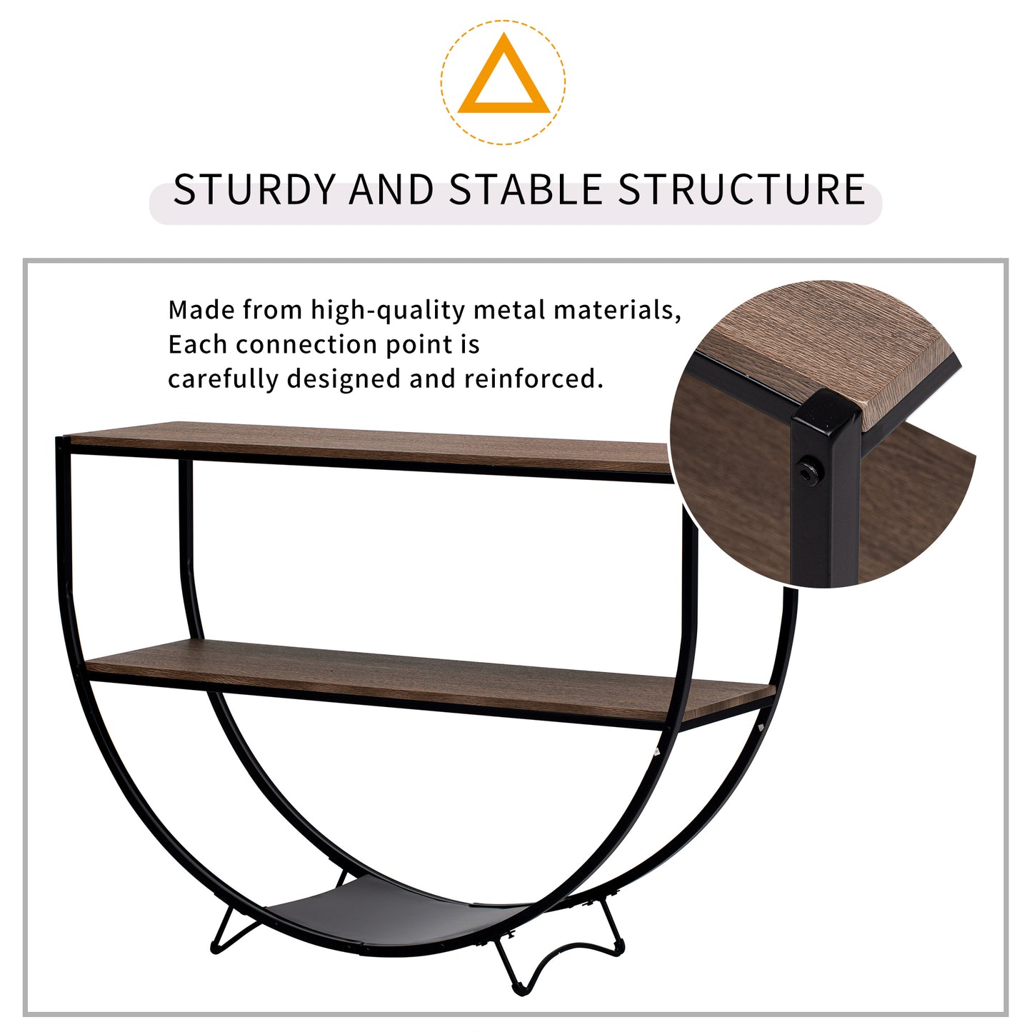 TREXM Rustic Industrial Design Demilune Shape Textured Metal Distressed Wood Console Table (Dark Brown)