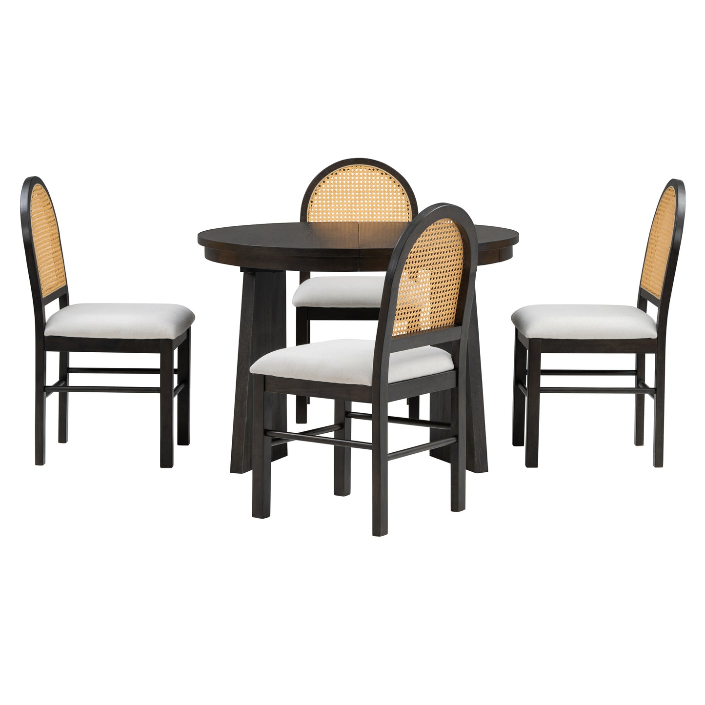 TREXM 5-Piece Retro Functional Dining Set with 1 Extendable Dining Table and 4 Upholstered Chairs with Rattan Backrests for Dining Room and Kitchen (Espresso)