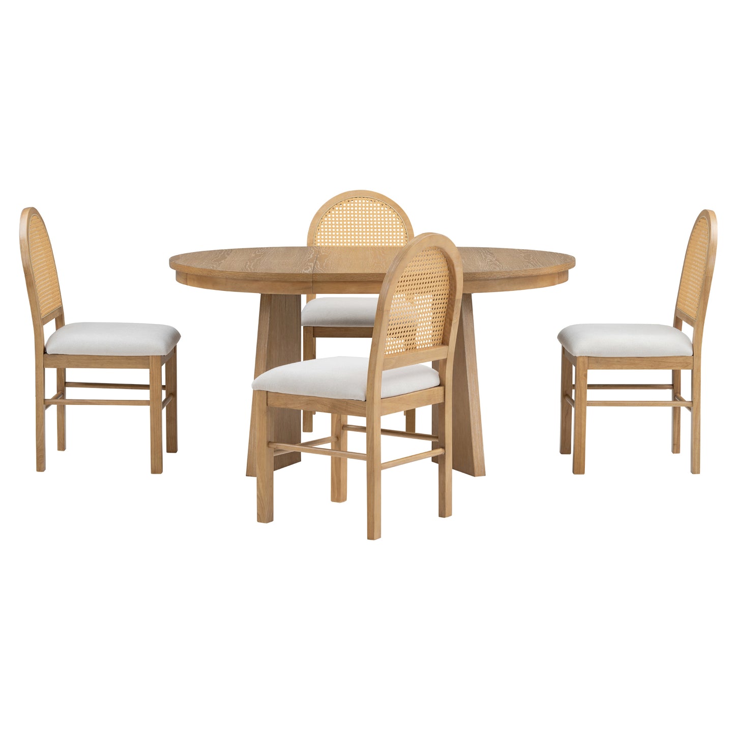 TREXM 5-Piece Retro Functional Dining Set with 1 Extendable Dining Table and 4 Upholstered Chairs with Rattan Backrests for Dining Room and Kitchen (Natural Wood Wash)