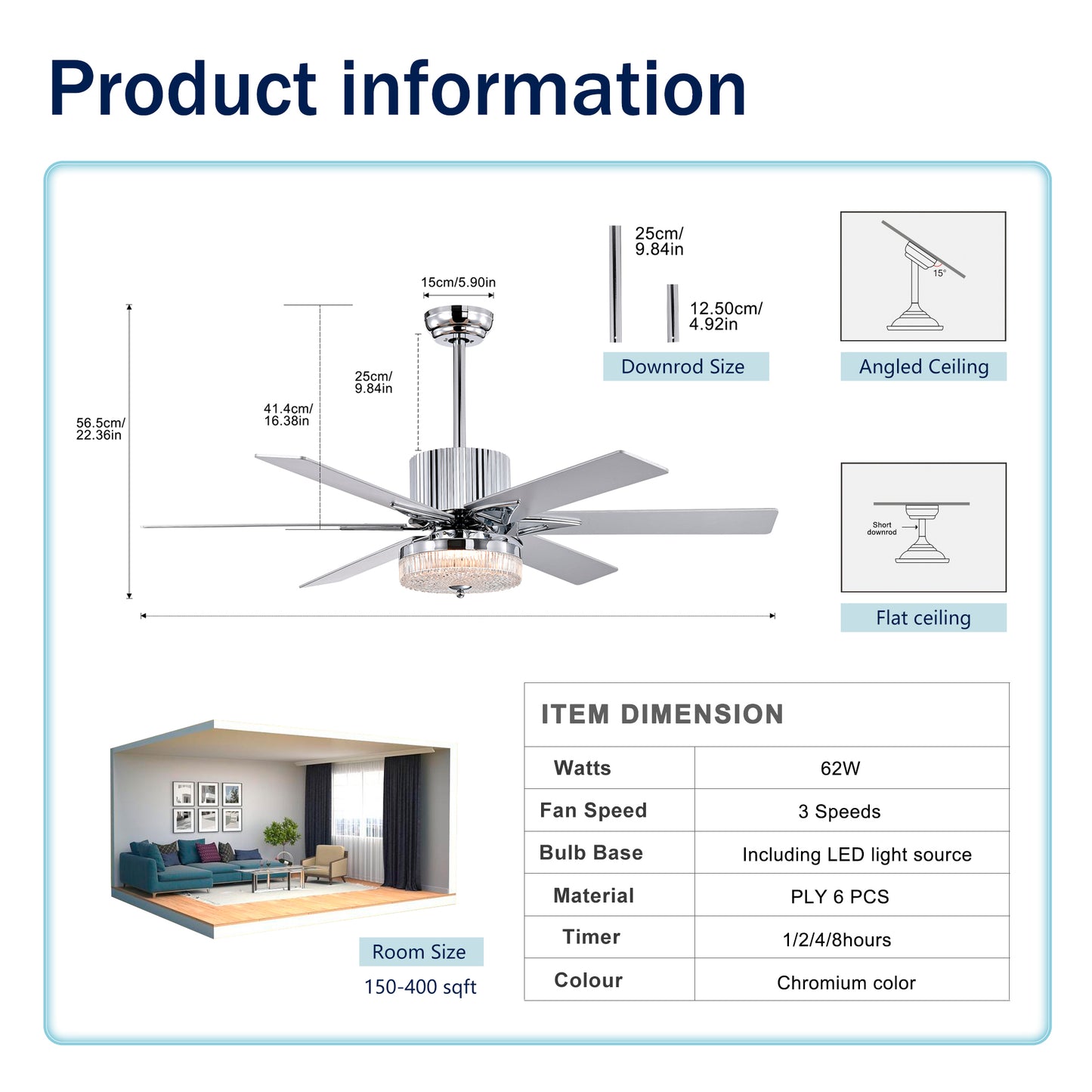 52" Modern Ceiling Fan with Remote - Chrome Finish, Wood Blades, LED Light for Living Room