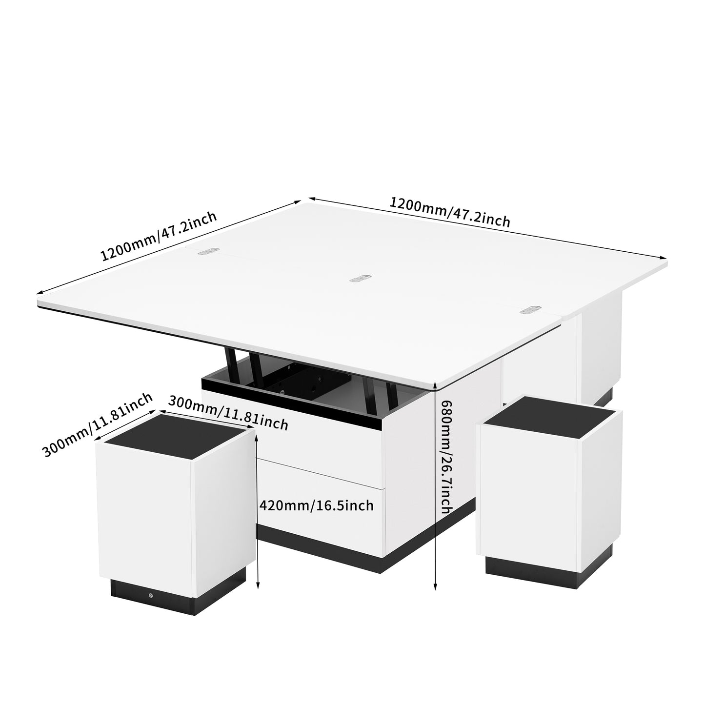 Modern White Lift Top Glass Coffee Table with Drawers & Storage Multifunction Table