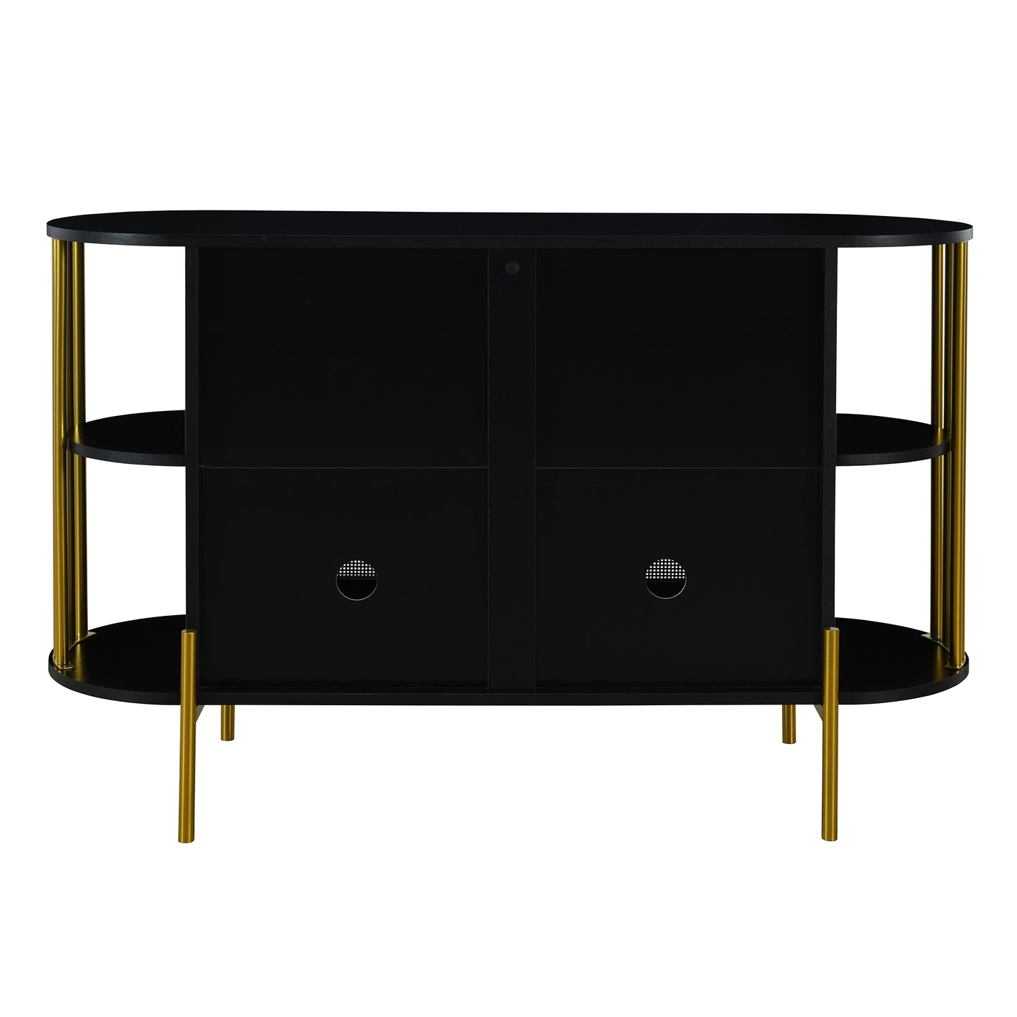 TREXM 2-Door Elegant Curved Dining Cabinet with Gold Trim and Woven Rattan Doors for Dining Room (Black)