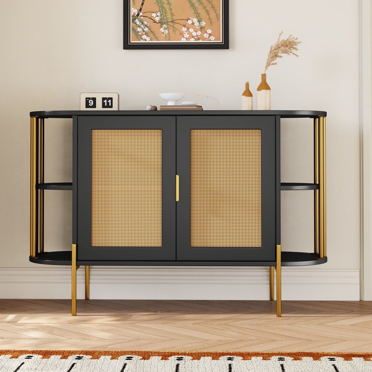 TREXM 2-Door Elegant Curved Dining Cabinet with Gold Trim and Woven Rattan Doors for Dining Room (Black)