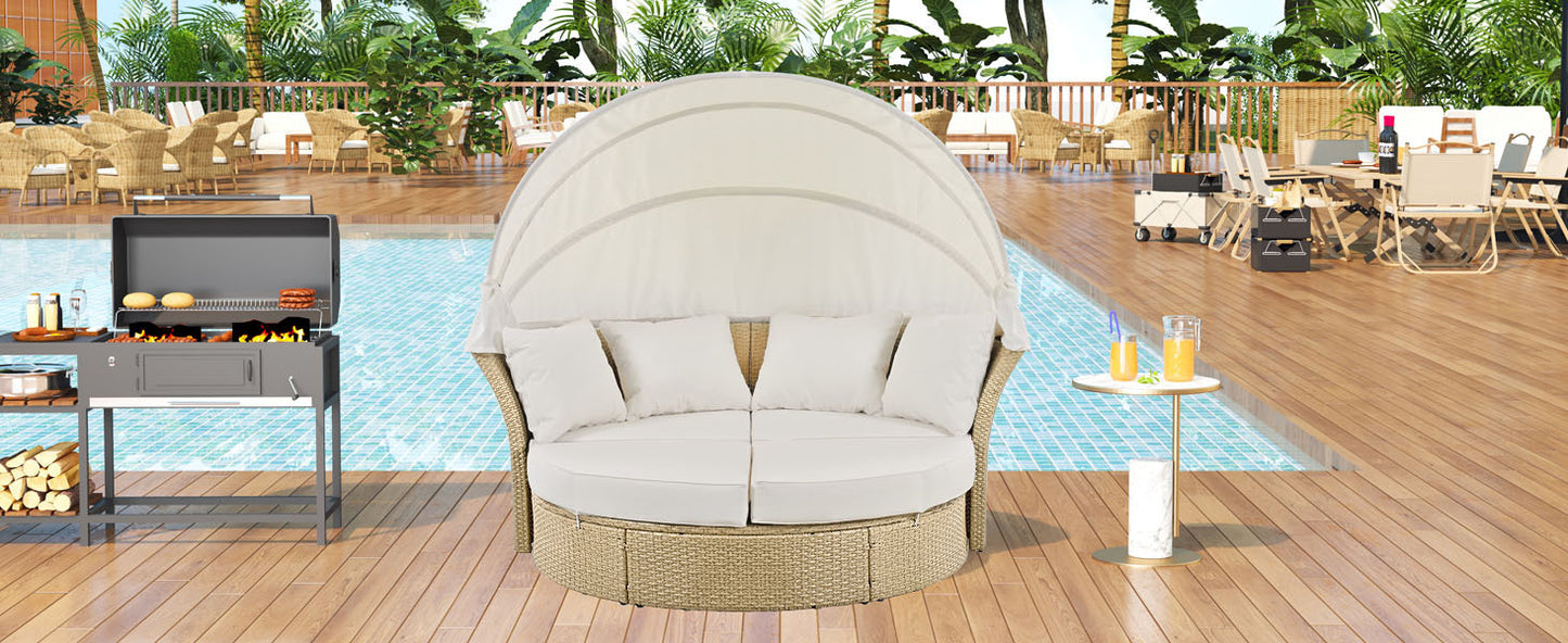 Outdoor Patio Daybed Wicker Rattan Double Daybed Round Sofa Furniture Set with Retractable Canopy, 4 Pillows for Lawn Garden Backyard Porch Pool, Beige