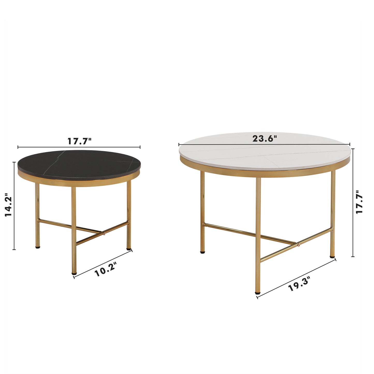 Modern Round Nesting Coffee Table Set 2-Piece Black & White Sintered Stone Top Gold Base in 23.6''&17.7''