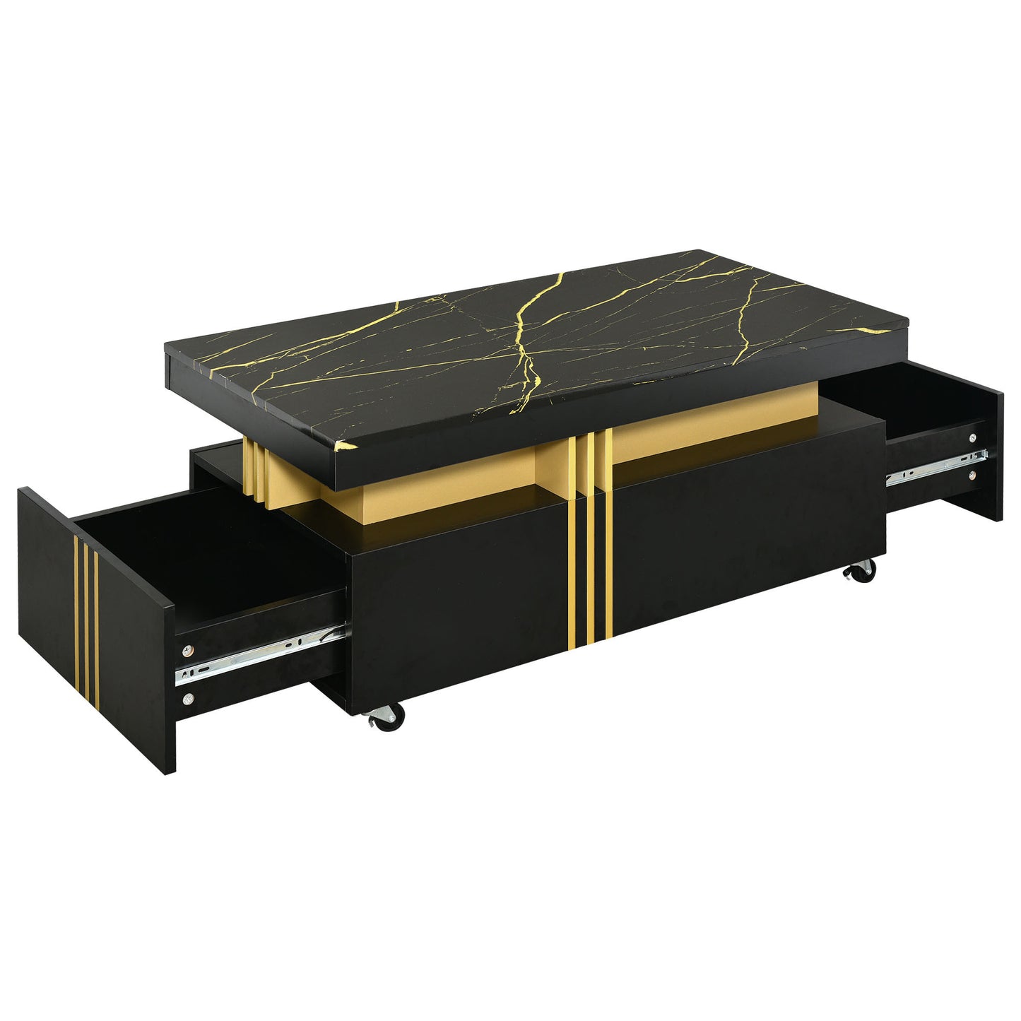 [VIDÉO fournie] Table basse contemporaine ON-TREND avec plateau en faux marbre, table de cocktail rectangulaire avec roulettes, table centrale de luxe modéré avec barres en métal doré pour le salon, noir