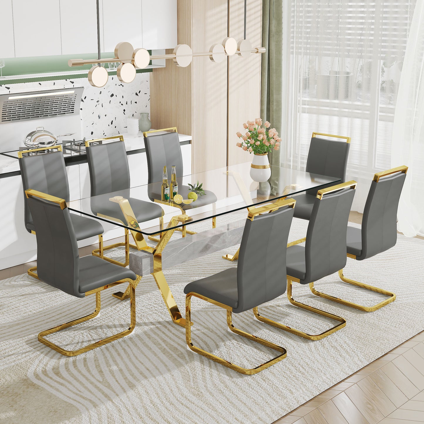 Dining table. Modern tempered glass dining table. Large modern office desk with gold plated metal legs and MDF crossbars, suitable for both home and office use. Kitchen. 79 ''x39''x30 '' 1105