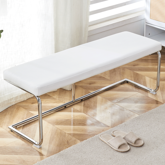 Versatile White Shoe Changing Stool with Silver Metal Legs Multi-Purpose for Entryway and Bedroom