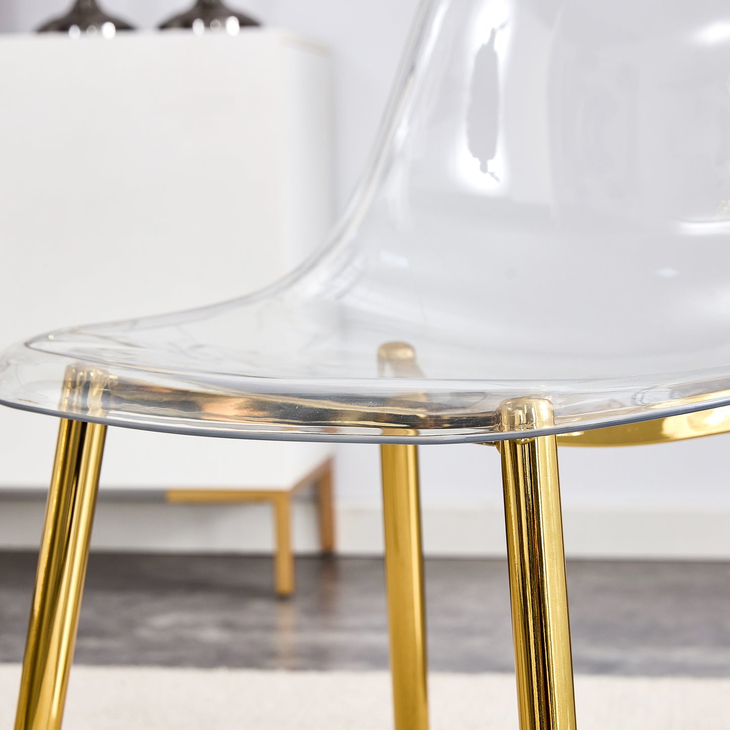 Modern Transparent Dining Chairs - Set of 4 Armless Crystal Chairs with Golden Plating Metal Legs