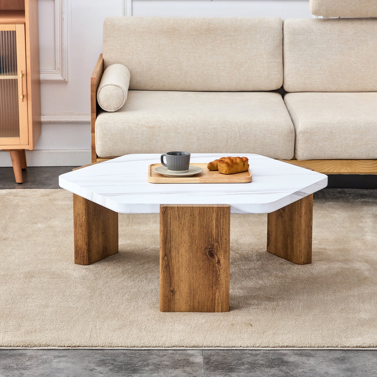 Stylish MDF Coffee Table - White Tabletop with Wooden Legs, Ideal for Living Spaces and Guest Rooms