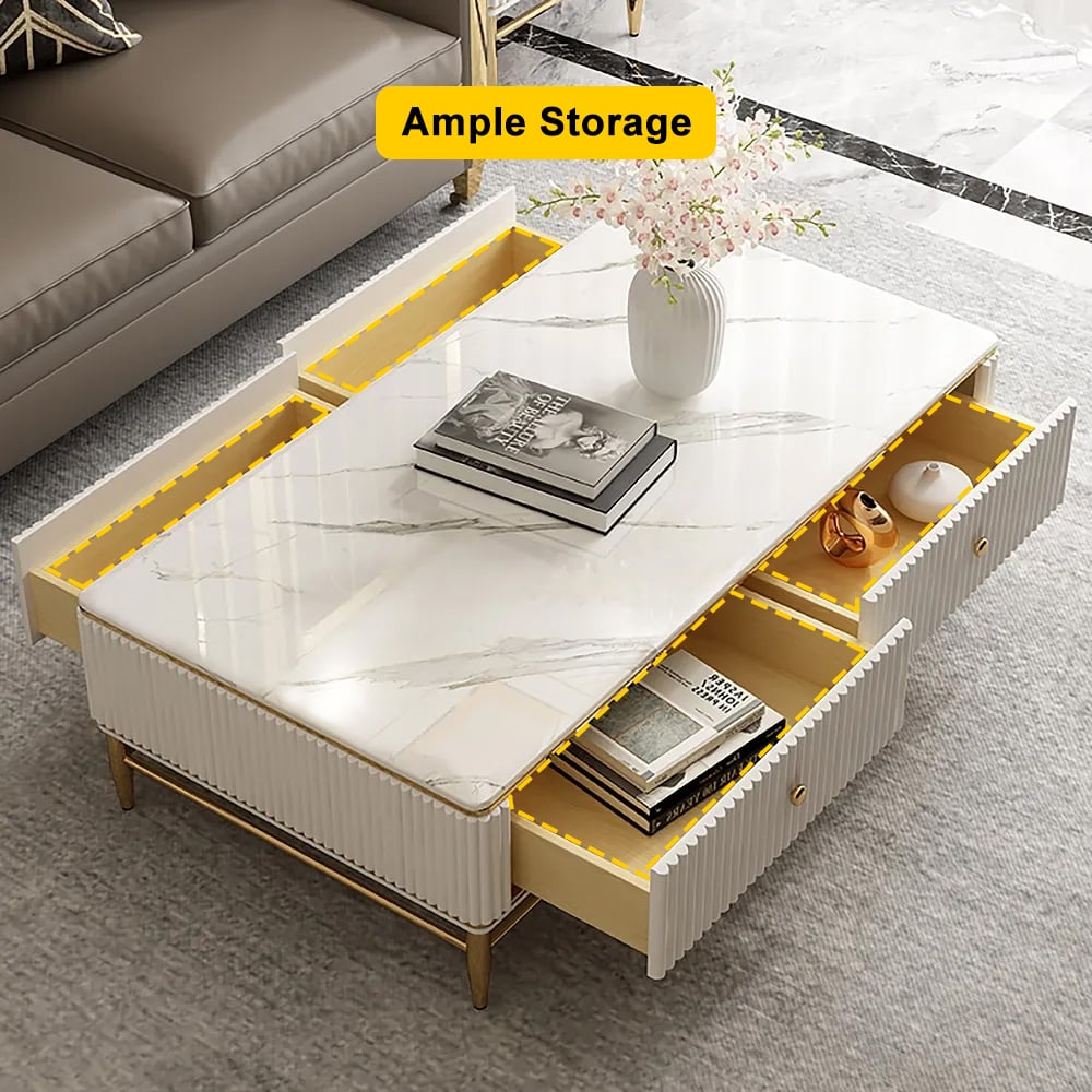 51" White Faux Marble Rectangle Coffee Table in Gold with Storage 4 Drawers