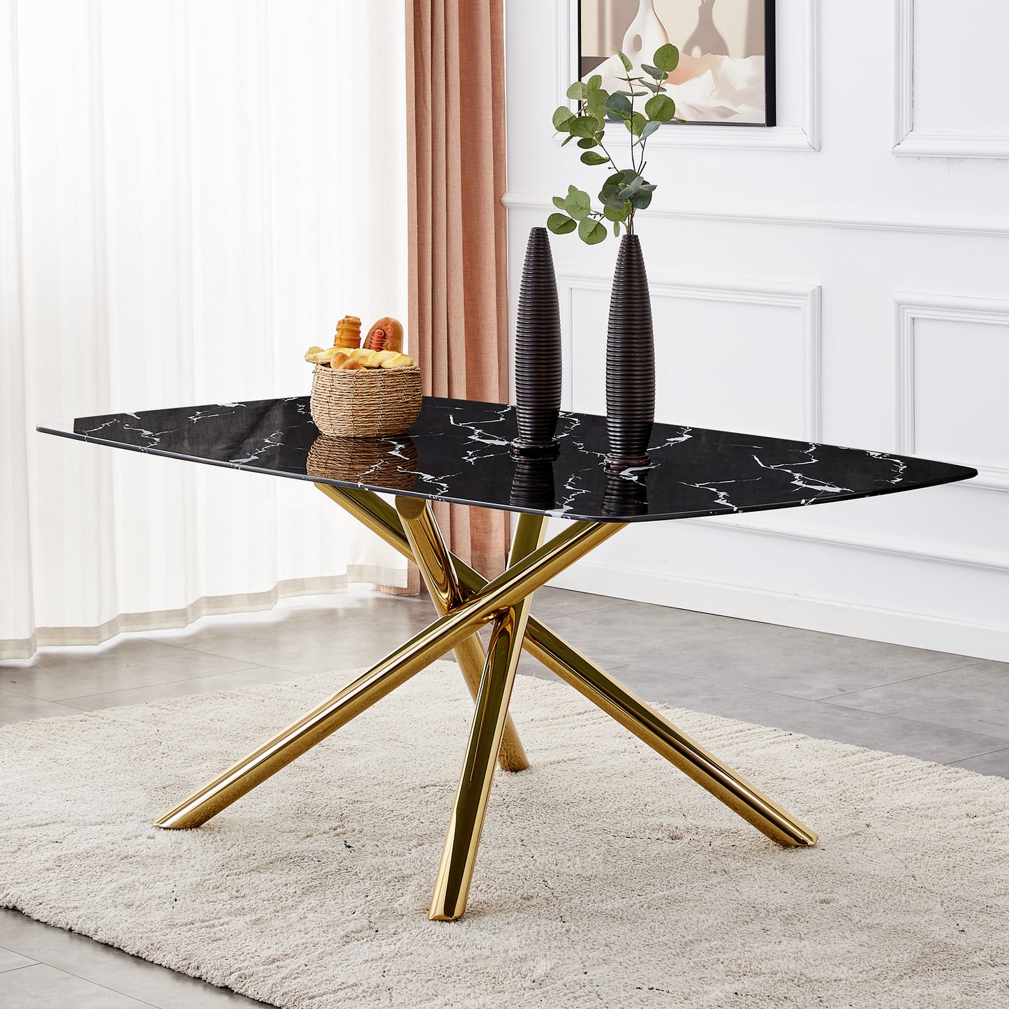 Contemporary Large Dining Table with Black Imitation Marble Top - 0.39" Thick Design with Golden Metal Legs, Perfect for Dining Rooms