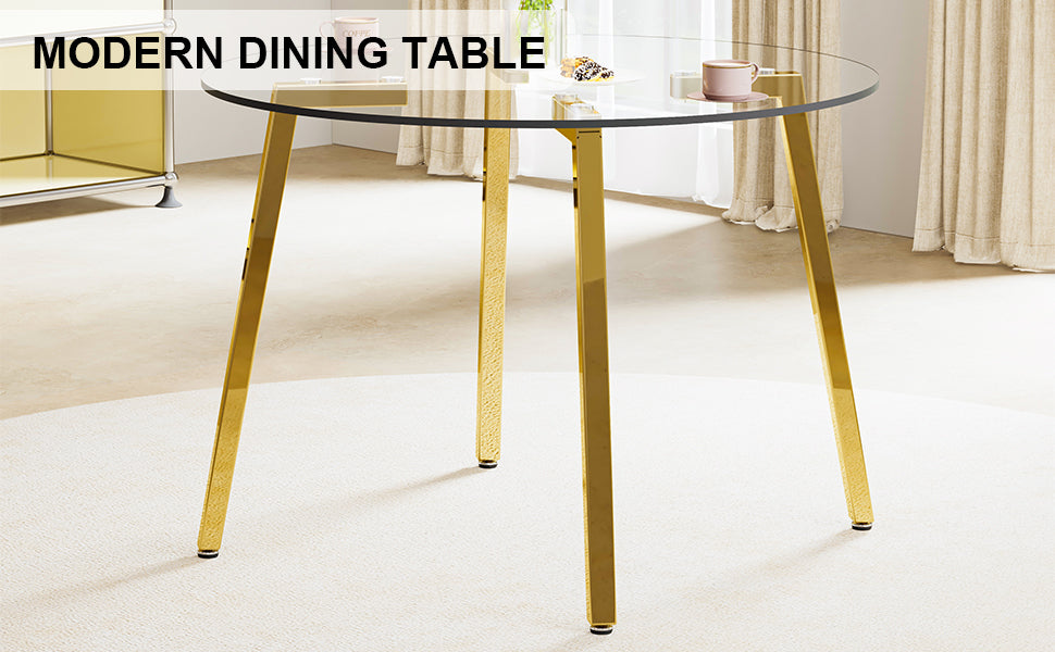 Modern Minimalist Circular Tempered Glass Table with Golden Metal Legs - Perfect for Kitchen, Dining Room