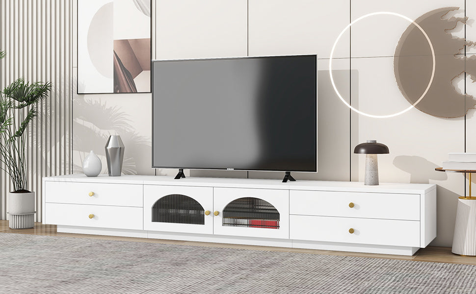 ON-TREND Meuble TV luxueux avec portes en verre cannelé, console multimédia élégante et fonctionnelle pour téléviseurs jusqu'à 95", meuble TV avec étagère en verre trempé avec plusieurs options de rangement, blanc