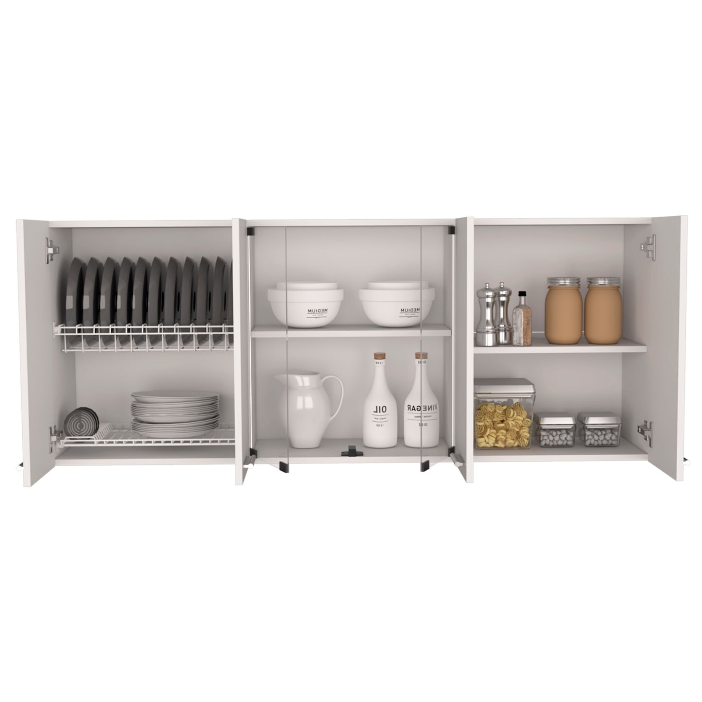 Armoire murale 24" H, quatre portes, avec deux tablettes internes et organisateur interne pour assiettes et verres, deux tablettes de rangement avec deux portes vitrées, blanc