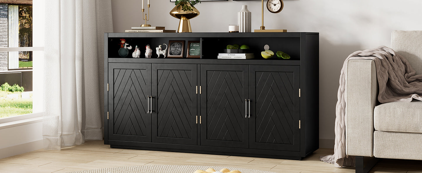 TREXM 4-door Classic Sideboard with Open Storage and Adjustable Shelves Perfect for kitchens,  living rooms (Black)