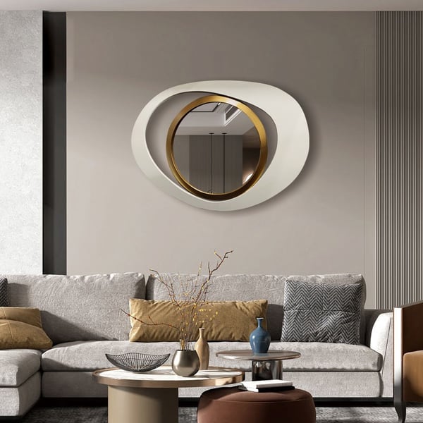 Modern 23.6" Large White & Gold Abstract Geometry Wall Mirror Decor Living Room Bedroom