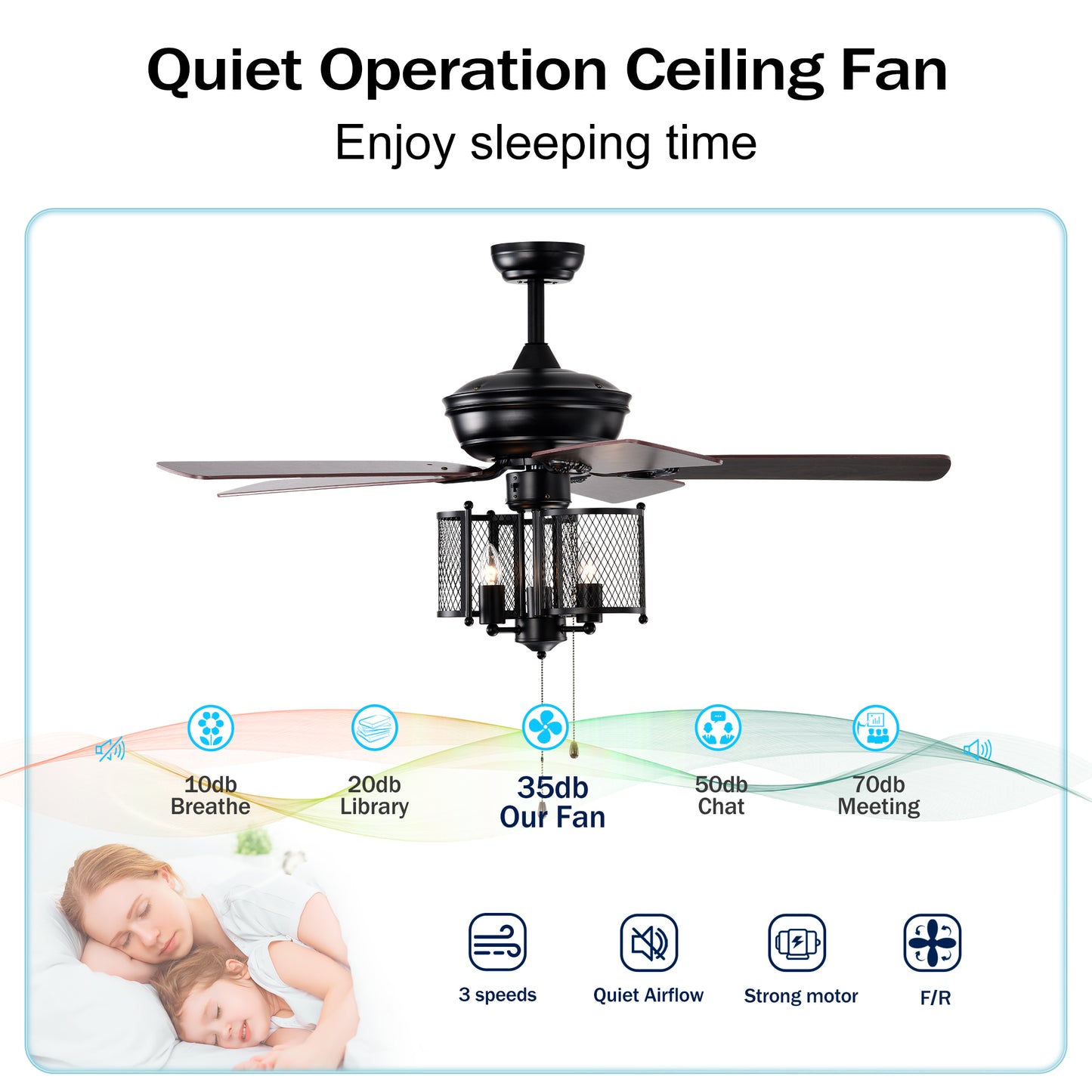 Farmhouse Ceiling Fan 52" with Dual Finish Blades - Matte Black, Hand Pull Chain for Indoor Use