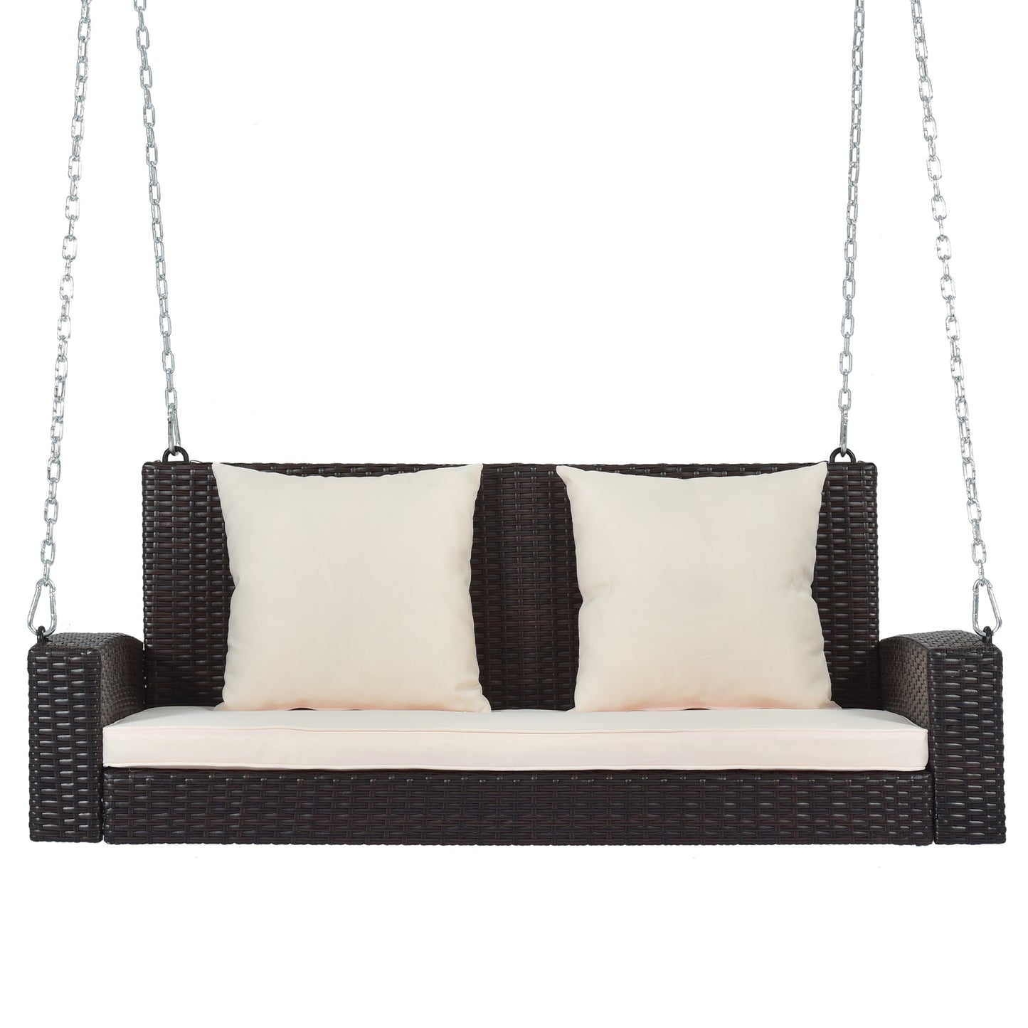 GO Balançoire de porche suspendue en osier pour 2 personnes avec chaînes, coussin, oreiller, banc de balançoire en rotin pour jardin, cour, étang. (Osier marron, coussin beige)