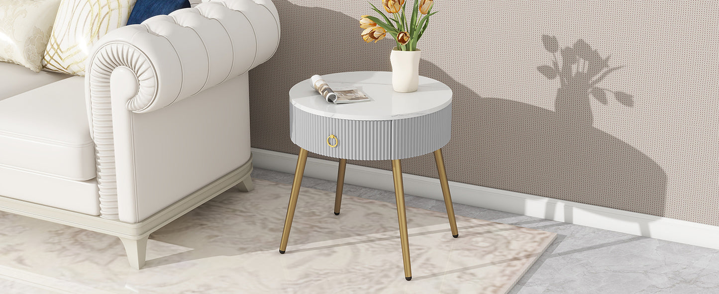 ON-TREND Φ19.6'' Easy Assembly End Tables with High Gloss Faux Marble Tabletops, Set of 2, Modern Fluted 2 Side Tables with Drawers, Round Coffee Tables with Golden Legs for Living Room, Grey