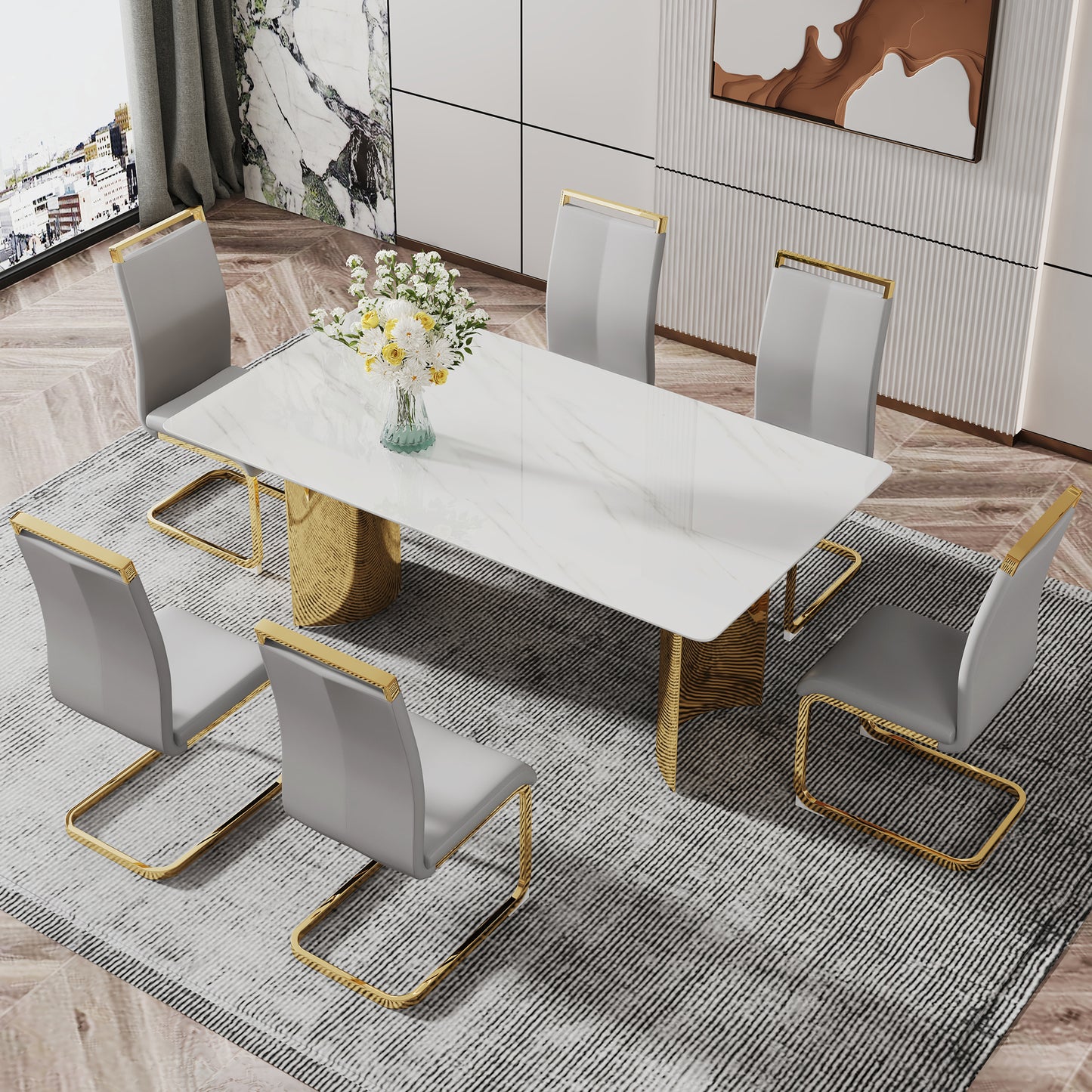 Stylish 71" Minimalist Dining Table with White Imitation Marble Glass Surface and Gold Metal Legs - Ideal for Dining Areas and Living Spaces