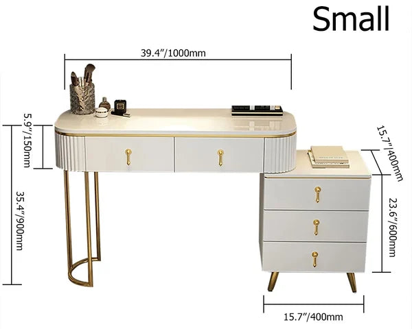 Modern White Oval Extendable Makeup Vanity with 5-Drawer Side Cabinet Included