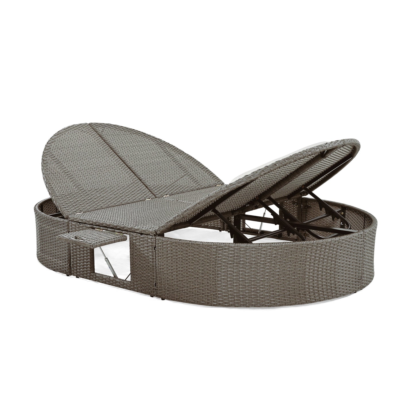 TOPMAX Lit de bronzage d'extérieur pour 2 personnes avec coussins et oreillers, chaise longue inclinable de jardin en rotin avec dossiers réglables et plateaux à tasses pliables pour pelouse, bord de piscine, gris