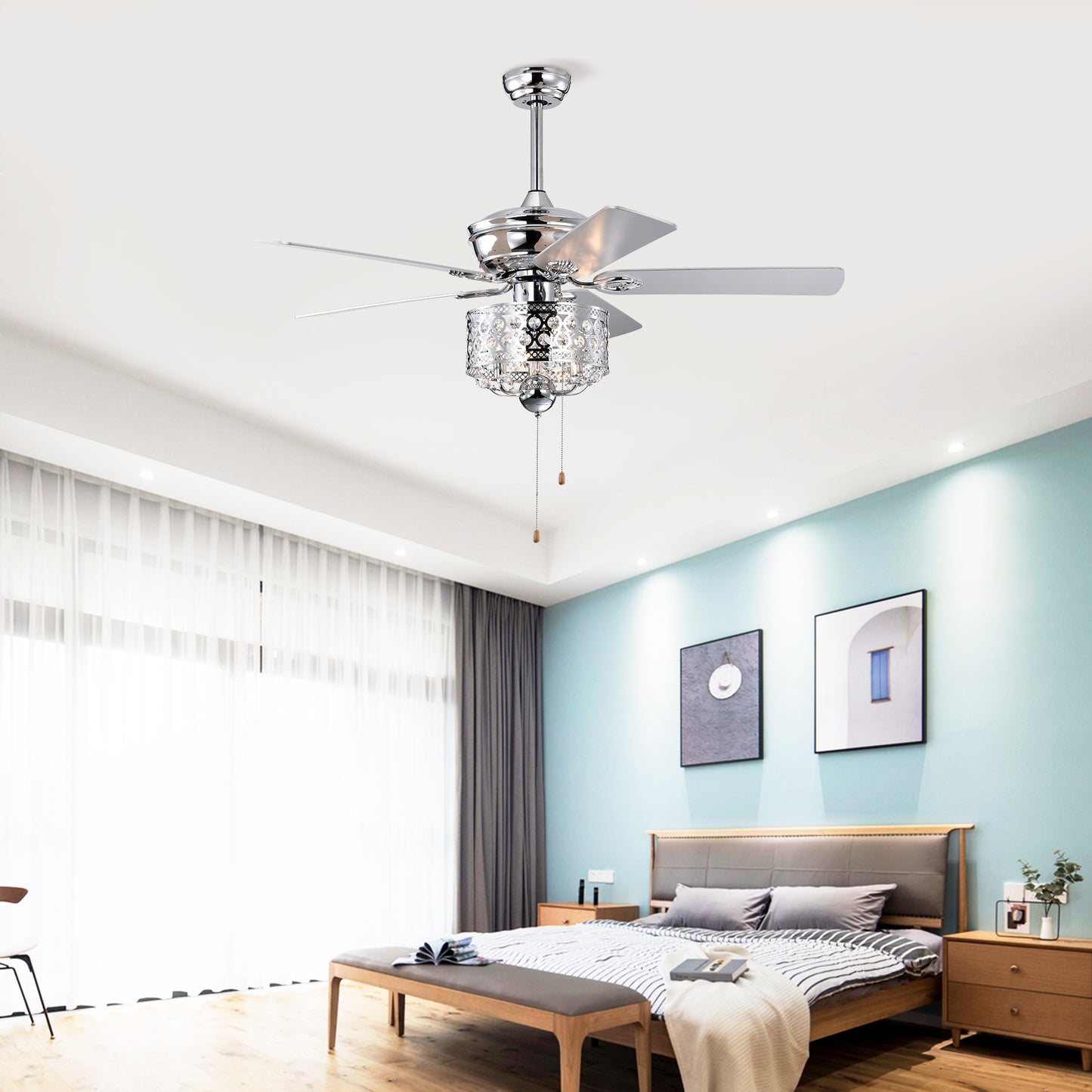 Chrome 52" Ceiling Fan with Reversible Motor - Indoor Use, Pull Chain Control (No Light Bulb)