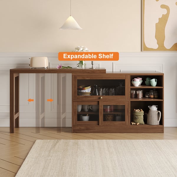 Walnut Storage Sideboard Cabinet Extendable Wood Buffet Foldable Dining Table