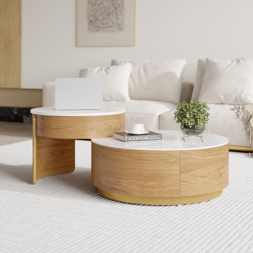 Modern Round Coffee Table with Storage Lift-Top Wood & Stone Coffee Table with 2 Drawers