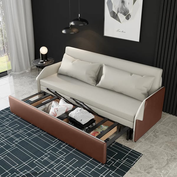 77 Inches Modern Beige & Brown Convertible Storage Full Sleeper Sofa Leath-Aire Upholstery