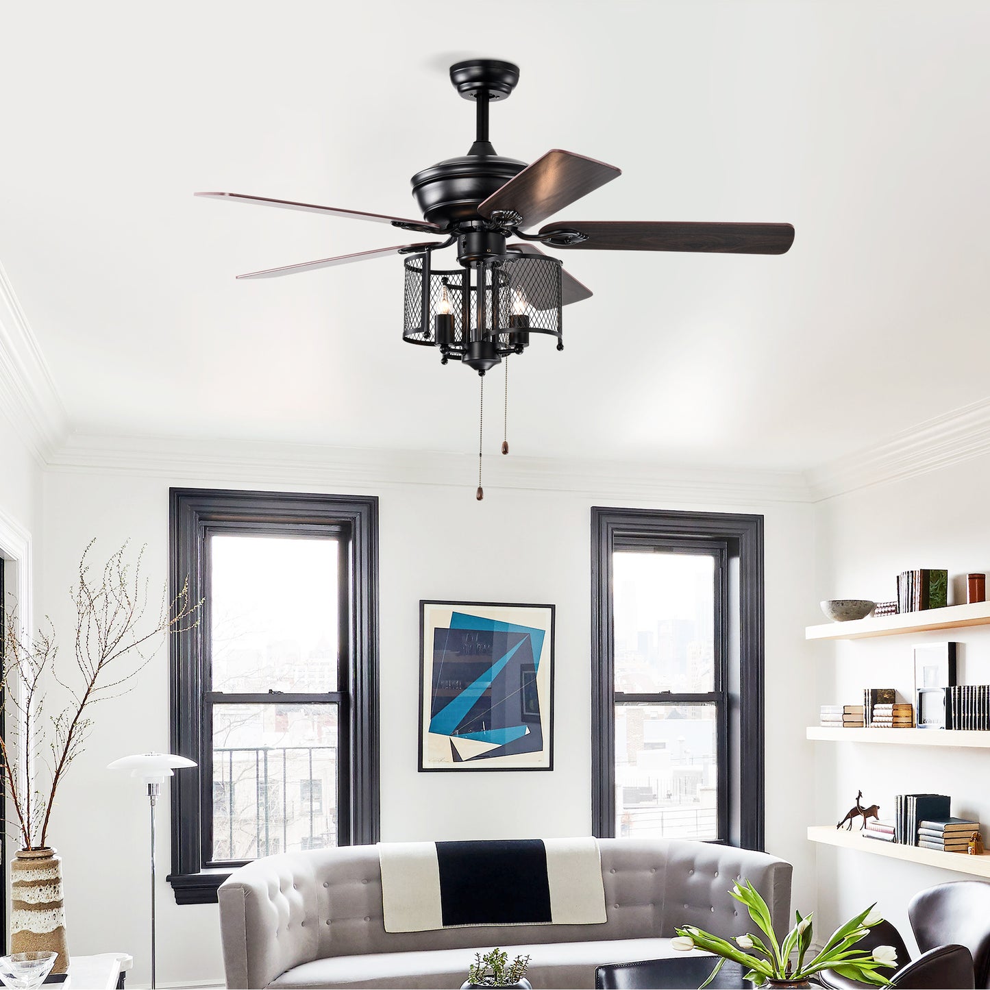 Farmhouse Ceiling Fan 52" with Dual Finish Blades - Matte Black, Hand Pull Chain for Indoor Use