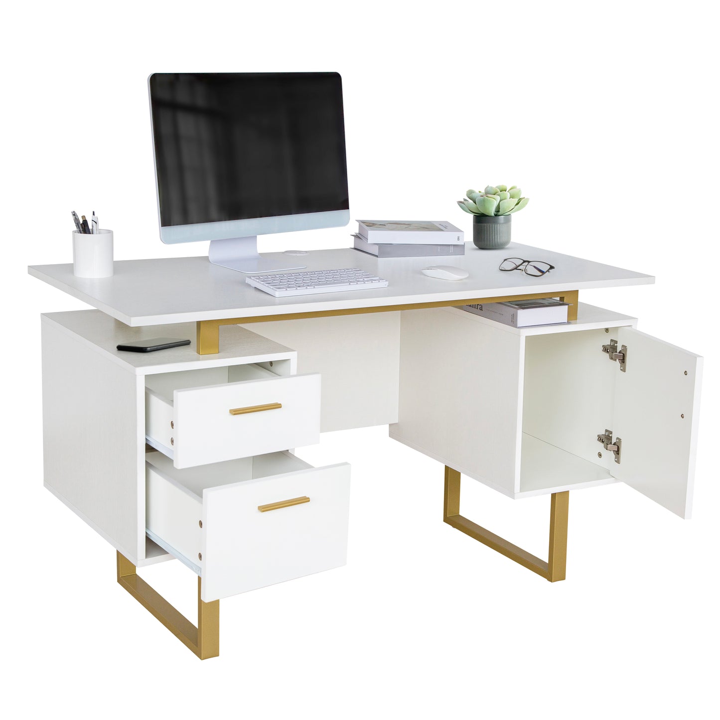 Techni Mobili Bureau blanc et doré pour bureau avec tiroirs et rangement, 51,25 po de largeur