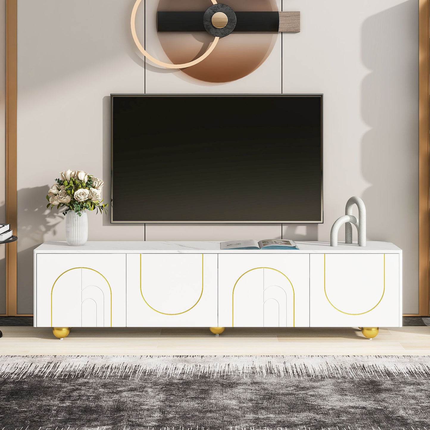 Modern TV Stand for TVs up to 75 Inches, Entertainment Center with Storage Cabinets and 1 Adjustable Shelf, Media Console with Marble-patterned Top and Golden Round Metal Legs for Living room