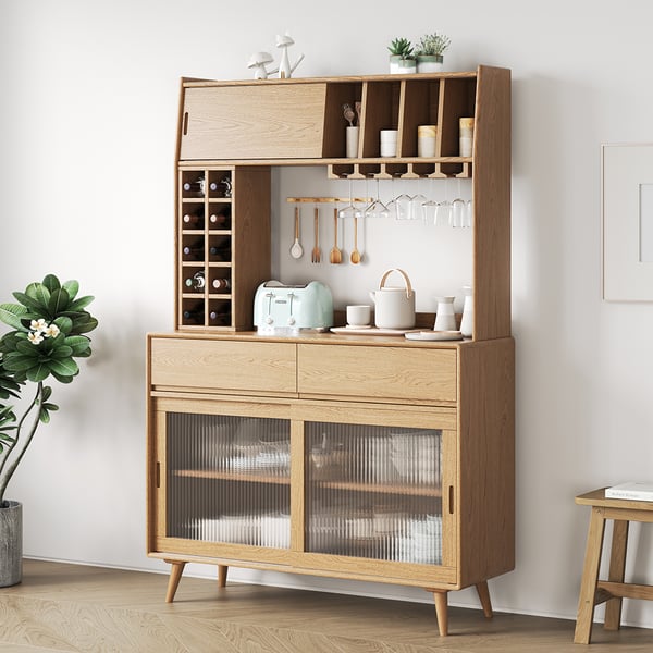 Mid-Century Modern 67" Tall Freestanding Pantry Cabinet with Storage Natural Hutch