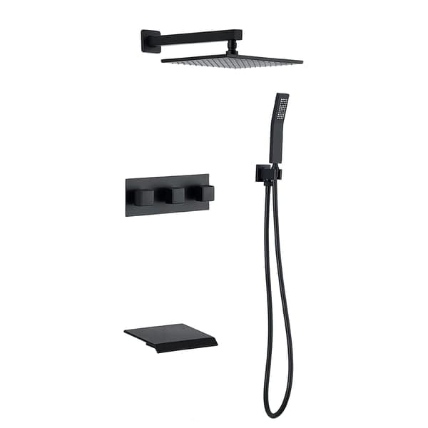 10 Inch Wall-Mounted Square Rain Shower System with Waterfall Tub Spout in Matte Black