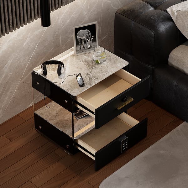 Table de chevet moderne en cuir noir intelligent avec dessus en pierre claire et frittée et serrure à empreinte digitale
