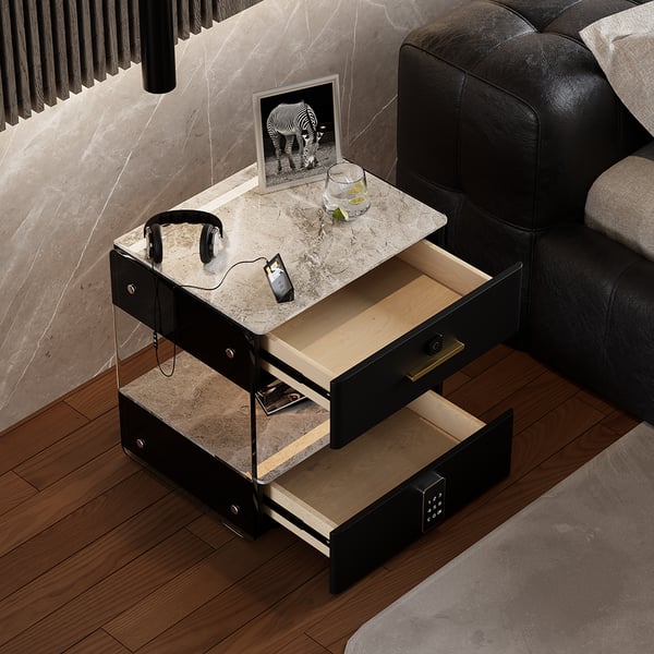 Modern Black Smart Leather Nightstand with Light & Sintered Stone Top & Fingerprint Lock