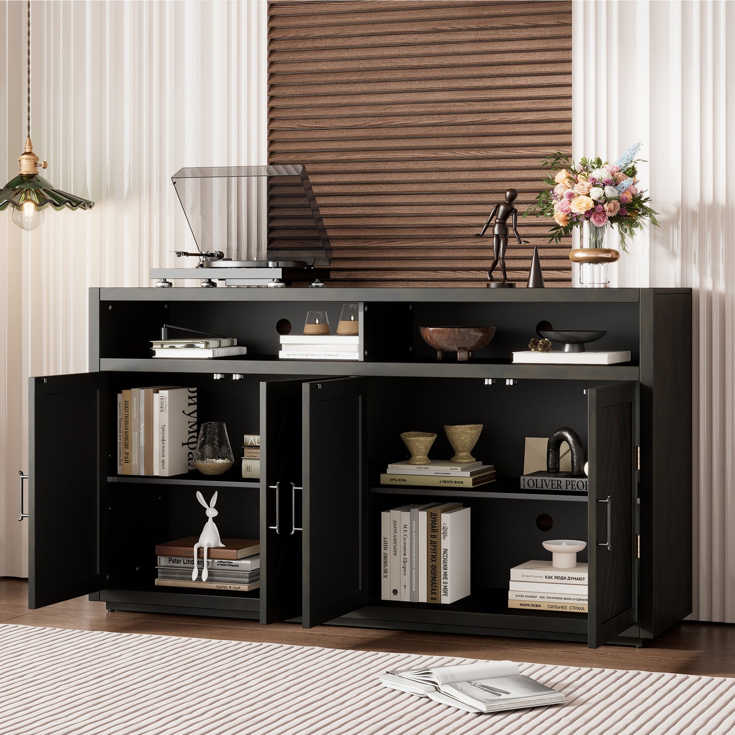 TREXM 4-door Classic Sideboard with Open Storage and Adjustable Shelves Perfect for kitchens,  living rooms (Grey Brown)