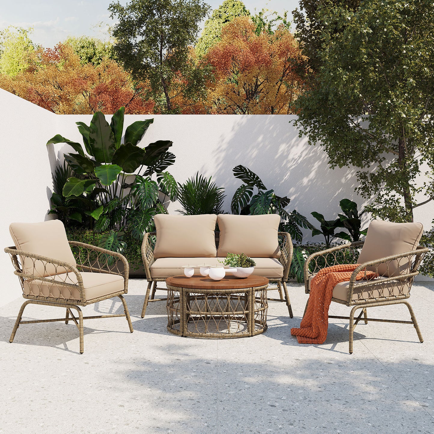 Bohemia-Inspired 4-Person Outdoor Seating Group - Removable Cushions and Wood Tabletop, Beige Conversation Patio Set