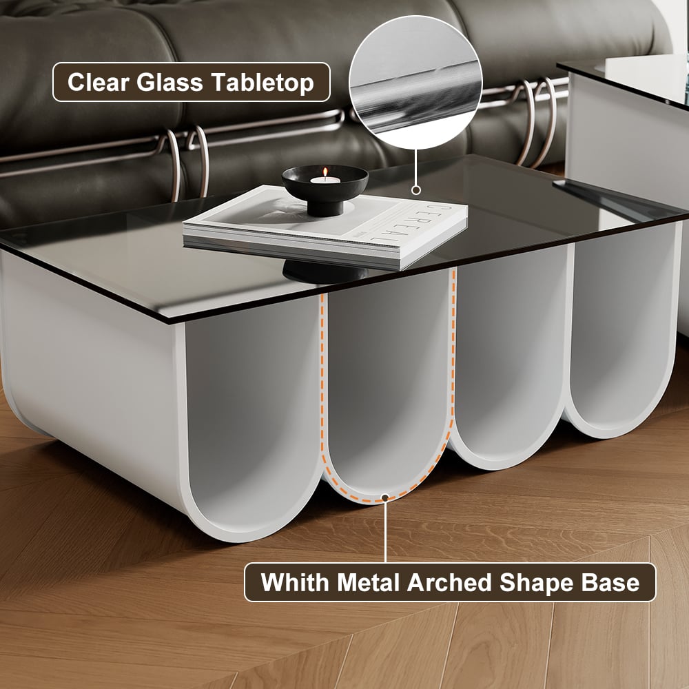 2-Piece Square Coffee Table Set with Black Clear Glass Tabletop & White Metal Arch Base